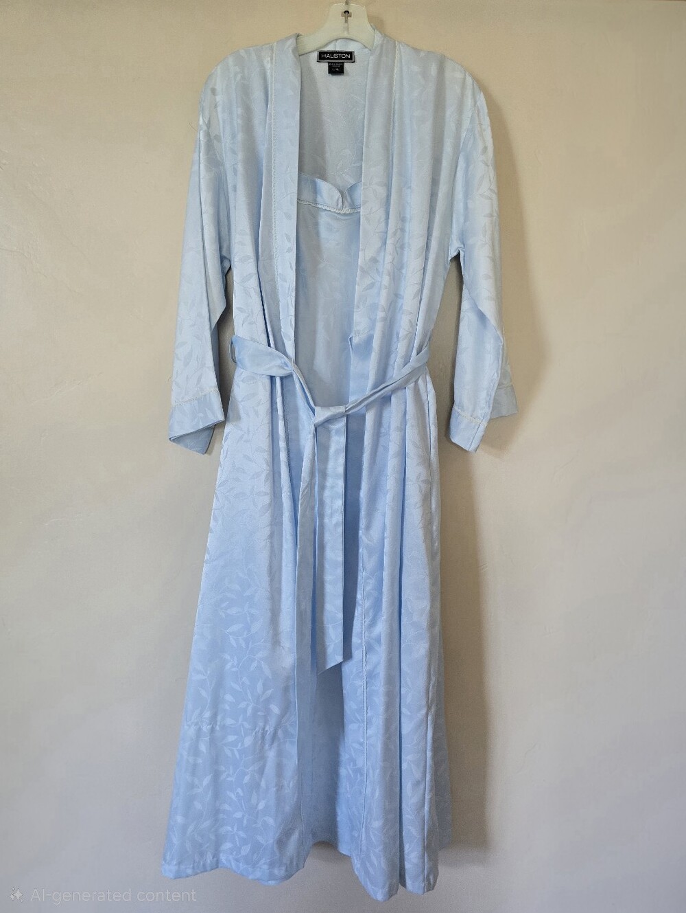 VTG HALSTON Womens Size L/XL Long 2 PC Satin Nightgown Robe Set Blue Leaf